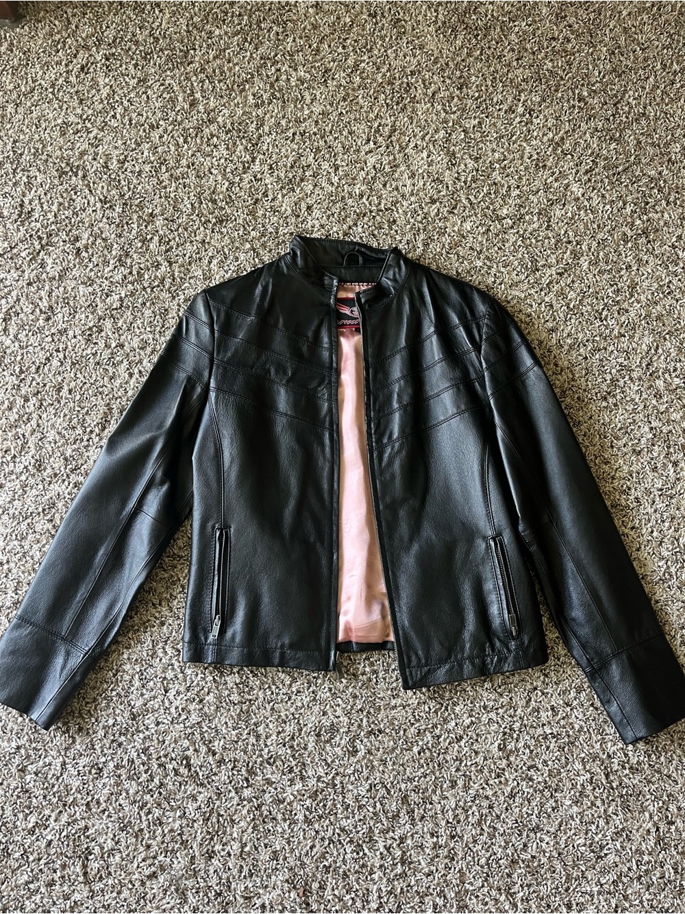 Women's Black Leather Jacket with Pink Lining